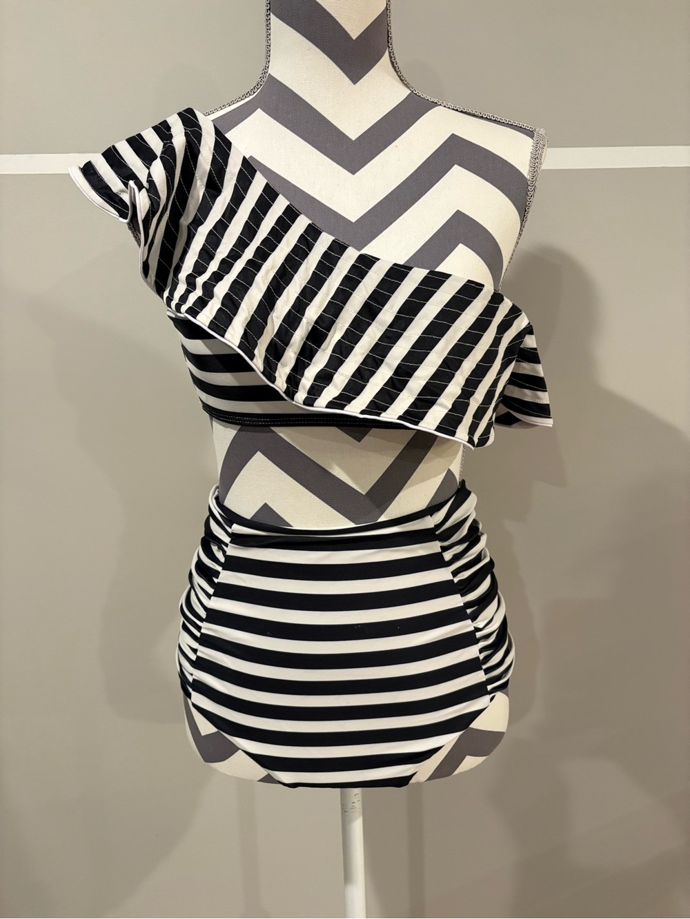 Black and White Striped One-Shoulder Two-Piece Swim Set